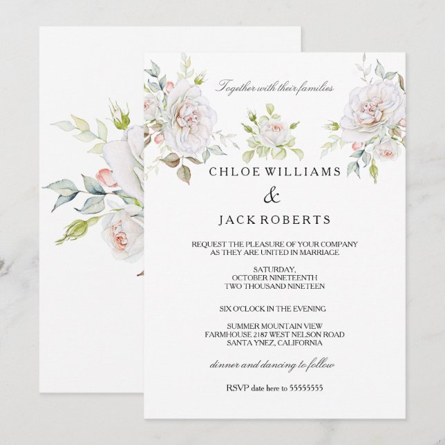Invitación Elegante Bouquet rosa rosa blanco de la boda (Anverso / Reverso)