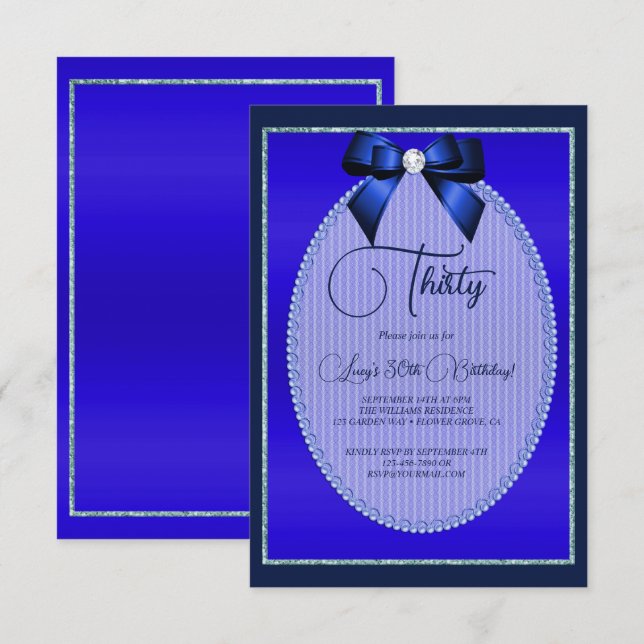 Invitación Elegante Bow Blue Jewel Birthday (Anverso / Reverso)