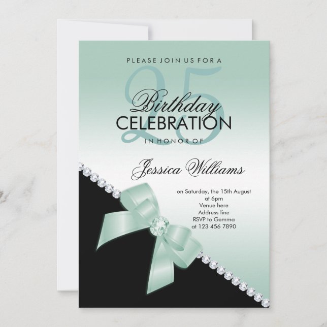 Invitación Elegante Bow de Diamantes, Aqua Marine & Black Bir