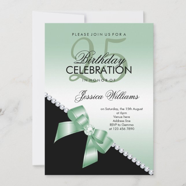 Invitación Elegante Bow de Diamantes, cumpleaños esmeralda y  (Anverso)