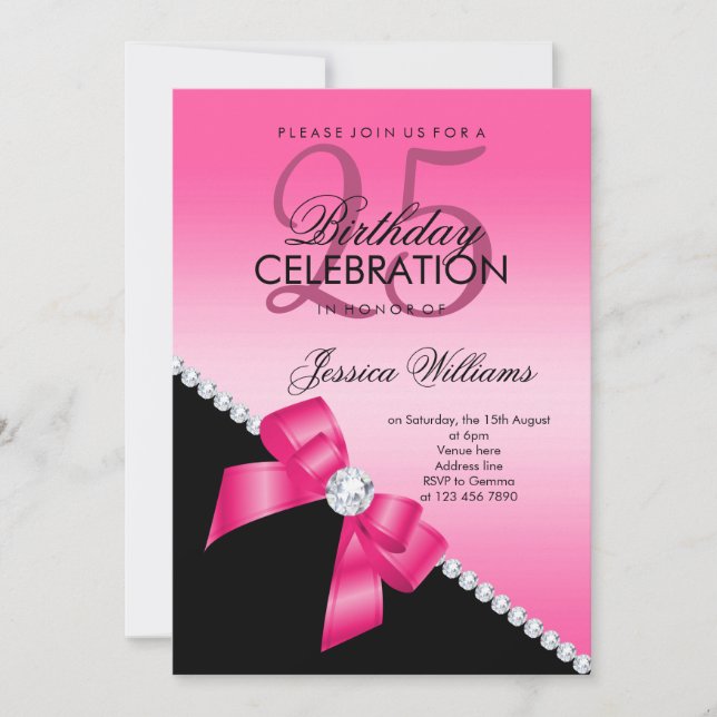 Invitación Elegante Bow de Diamantes, Hot Pink & Black Birday (Anverso)