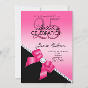 Invitación Elegante Bow de Diamantes, Hot Pink & Black Birday
