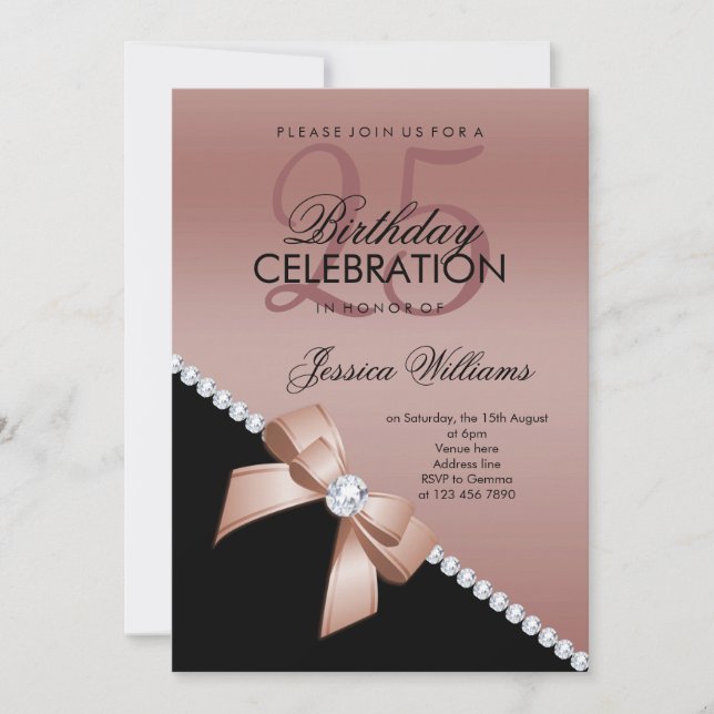 Invitación Elegante Bow de Diamantes, Oro Rosa y Cumpleaños N (Anverso)