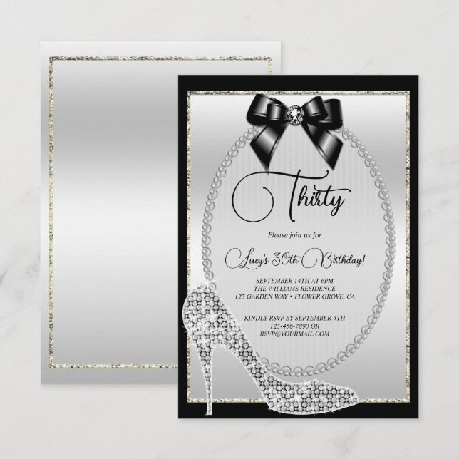 Invitación Elegante Bow de joyas de plata negra y cumpleaños  (Anverso / Reverso)