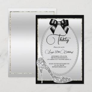 Invitación Elegante Bow de joyas de plata negra y cumpleaños 