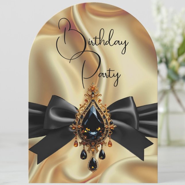 Invitación Elegante Bow de joyas negras de oro de cumpleaños (Subido por el creador)