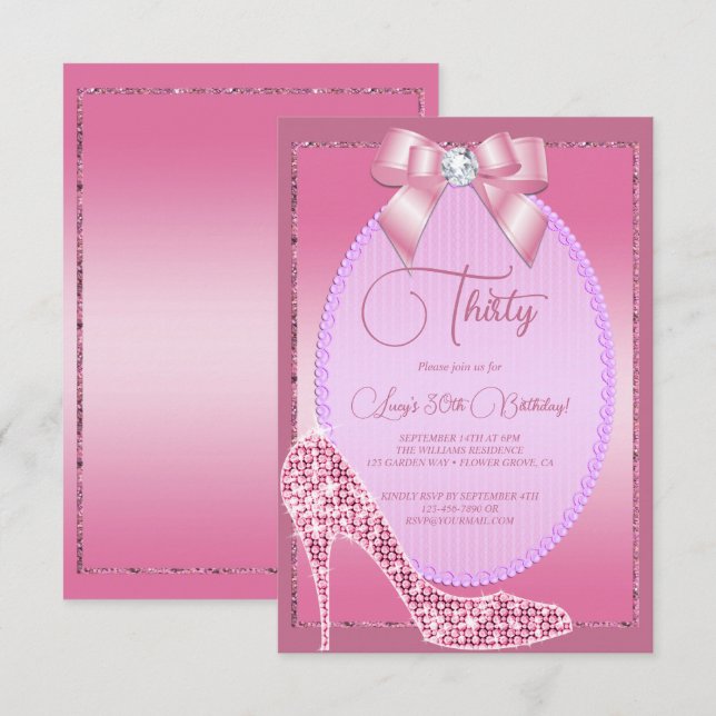 Invitación Elegante Bow de joyas rosadas y cumpleaños de Stil (Anverso / Reverso)