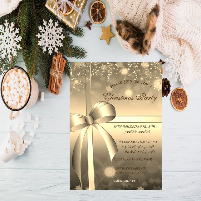 Invitación Elegante Bow de Oro, Fiesta de Navidades de Confet (Subido por el creador)