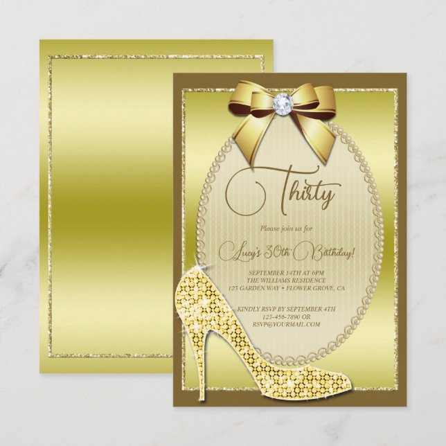 Invitación Elegante Bow Gold Jeweld & Stiletto Cumpleaños (Anverso / Reverso)