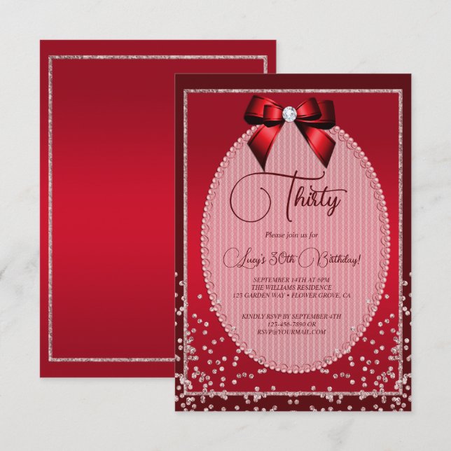 Invitación Elegante Bow Red Jewel y cumpleaños Confetti (Anverso / Reverso)