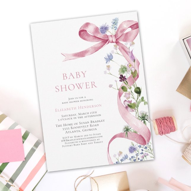 Invitación Elegante Bow Ribbon Wildflower Pink Baby Shower (Subido por el creador)