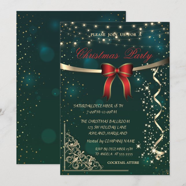 Invitación Elegante Bow Rojo, Fiesta de Navidades Verdes Conf (Anverso / Reverso)