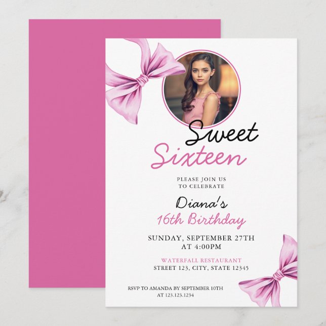 Invitación Elegante Bow Rosa Coquette Foto Dulce 16 Cumpleaño (Anverso / Reverso)