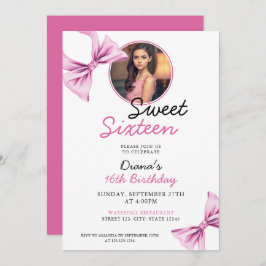 Invitación Elegante Bow Rosa Coquette Foto Dulce 16 Cumpleaño