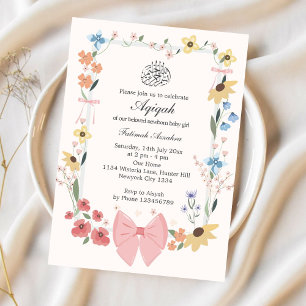 Invitación Elegante Bow Rosa & Flores Aqiqah Musulmán