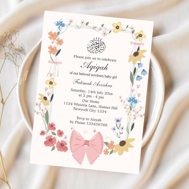 Invitación Elegante Bow Rosa & Flores Aqiqah Musulmán (Subido por el creador)