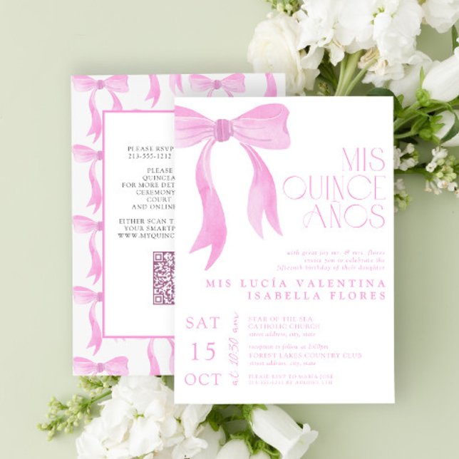Invitación Elegante Bow Rosa Mis Quince Años QR Quinceañera (Subido por el creador)