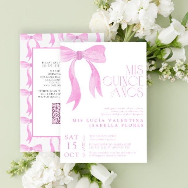 Invitación Elegante Bow Rosa QR Mis Quince Años Quinceañera (Subido por el creador)