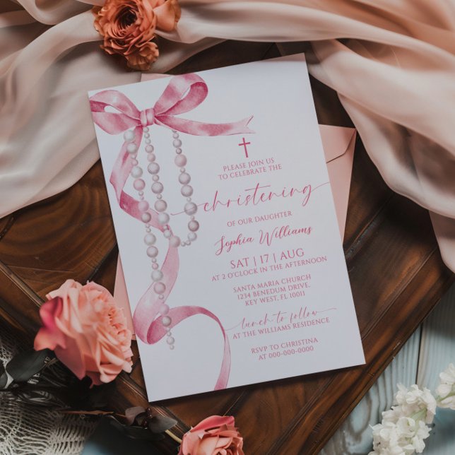 Invitación Elegante Bow Rosa y Crianza Rosaria (Subido por el creador)