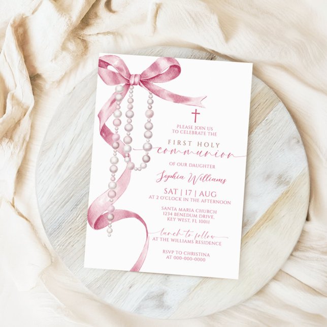 Invitación Elegante Bow Rosa y Rosario Primera Comunión Sagra (Subido por el creador)