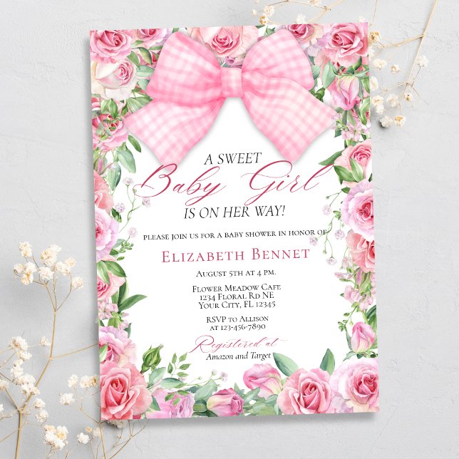 Invitación Elegante Bow Rosa y Rosas Chica de Coquette Baby S (Subido por el creador)