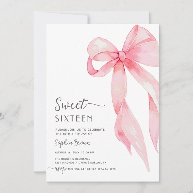 Invitación Elegante Bow Rosado Coquette Sweet Dieciséis Cumpl (Anverso)