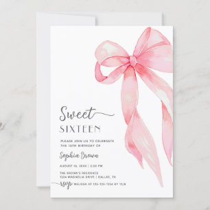 Invitación Elegante Bow Rosado Coquette Sweet Dieciséis Cumpl