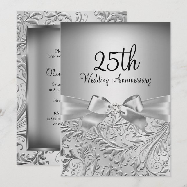 Invitación Elegante Bow Silver Floral Swirl 25 Aniversario (Anverso / Reverso)
