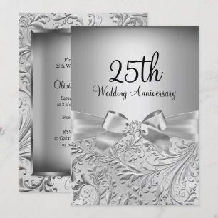 Invitación Elegante Bow Silver Floral Swirl 25 Aniversario