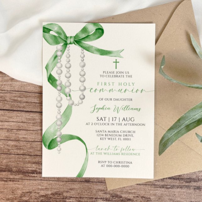Invitación Elegante Bow Verde y Rosario Primera Santa Comunió (Subido por el creador)