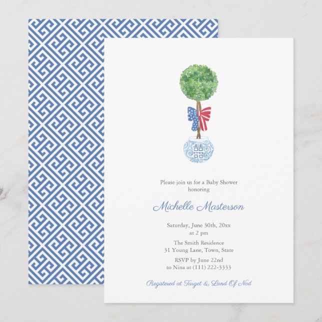 Invitación Elegante Boxwood Red Blue Bow Boy Baby Shower Fies (Anverso / Reverso)