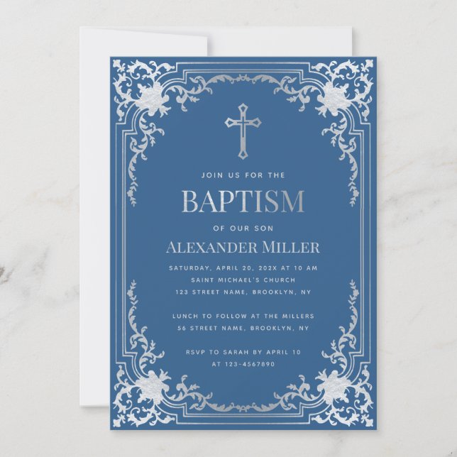 Invitación Elegante Boy Baptism Classic Blue Faux Silver Cros (Anverso)