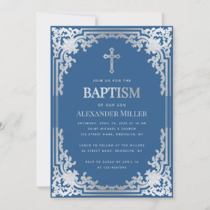 Invitación Elegante Boy Baptism Classic Blue Faux Silver Cros