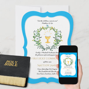Invitación Elegante Boys Floral Azul Primera Comunión Santa