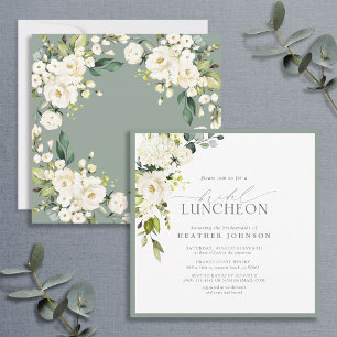 Invitación Elegante Bridal Luncheon Floral Blanco Gris Verde
