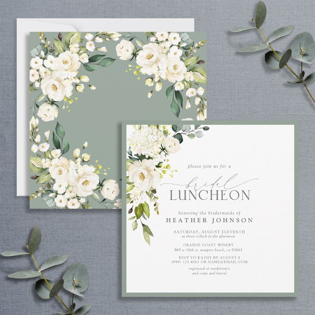 Invitación Elegante Bridal Luncheon Floral Blanco Gris Verde (Subido por el creador)