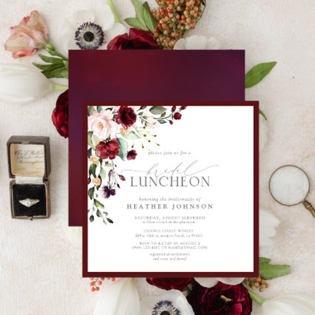 Invitación Elegante Bridal Luncheon Floral Borgoña (Subido por el creador)