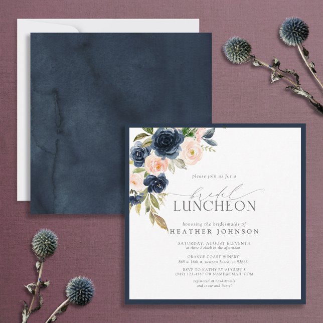 Invitación Elegante Bridal Luncheon Navy Rubor azul rosa (Subido por el creador)