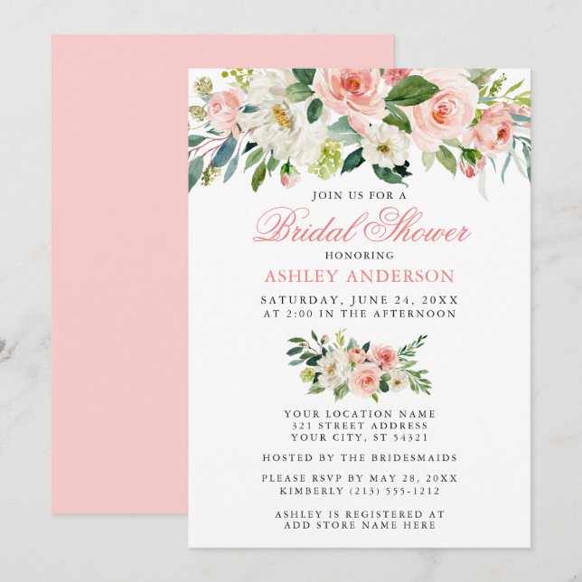 Invitación Elegante Bridal Shower acuarela Floral Rosa (Anverso / Reverso)