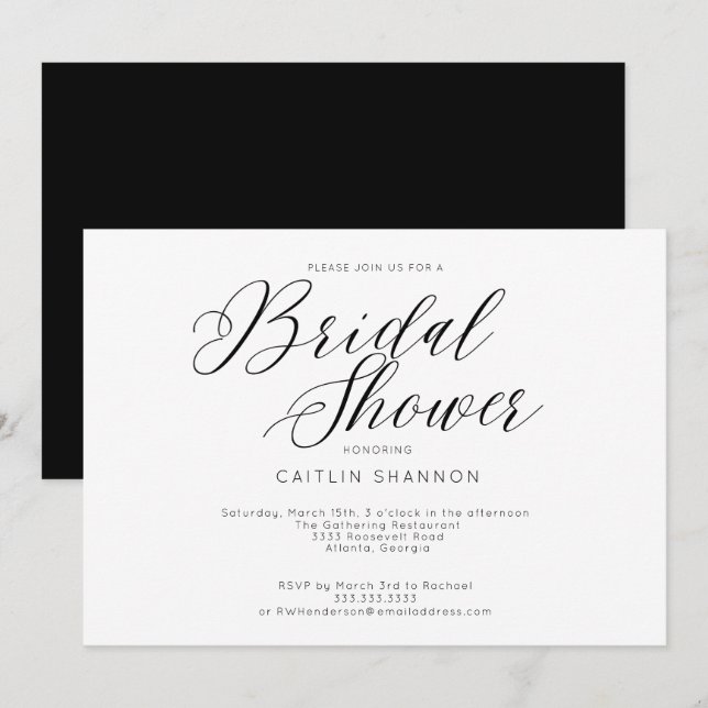 Invitación Elegante Bridal Shower Clásico Blanco Negro (Anverso / Reverso)