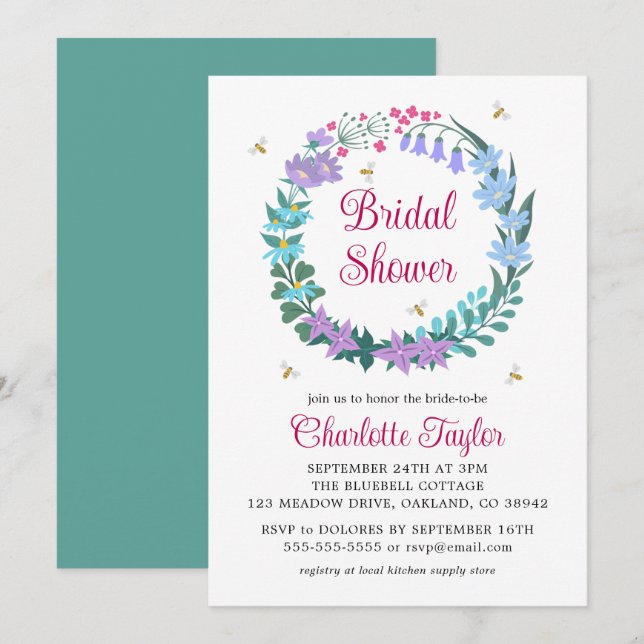 Invitación Elegante Bridal Shower Floral Flores Silvestres Ga (Anverso / Reverso)