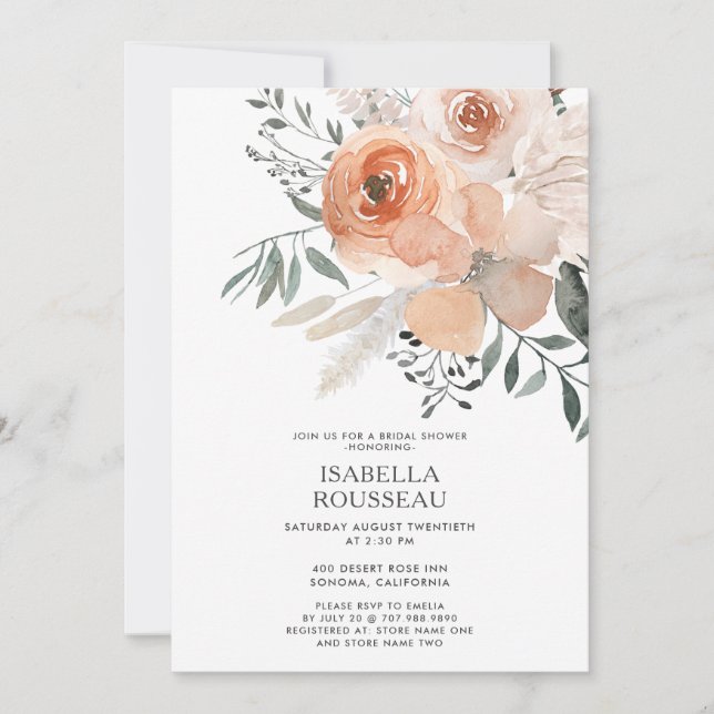 Invitación Elegante Bridal Shower Floral Peach Green (Anverso)