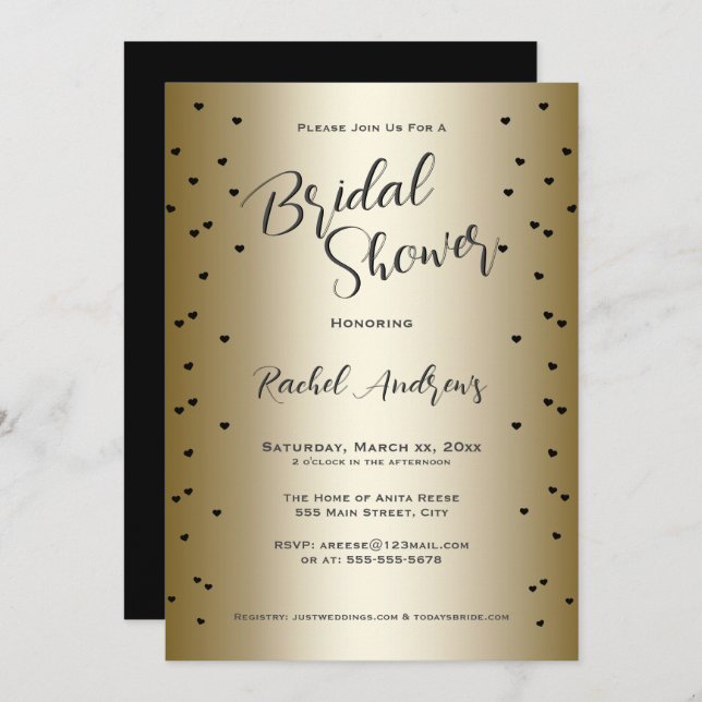 Invitación Elegante Bridal Shower Gold con negro (Anverso / Reverso)