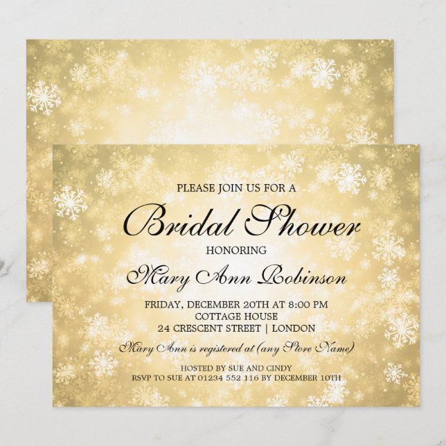 Invitación Elegante Bridal Shower Gold Winter Wonderland (Anverso / Reverso)