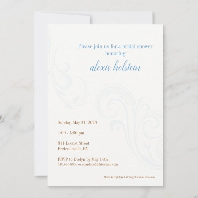 Invitación Elegante Bridal Shower Invite, Azul (Anverso)