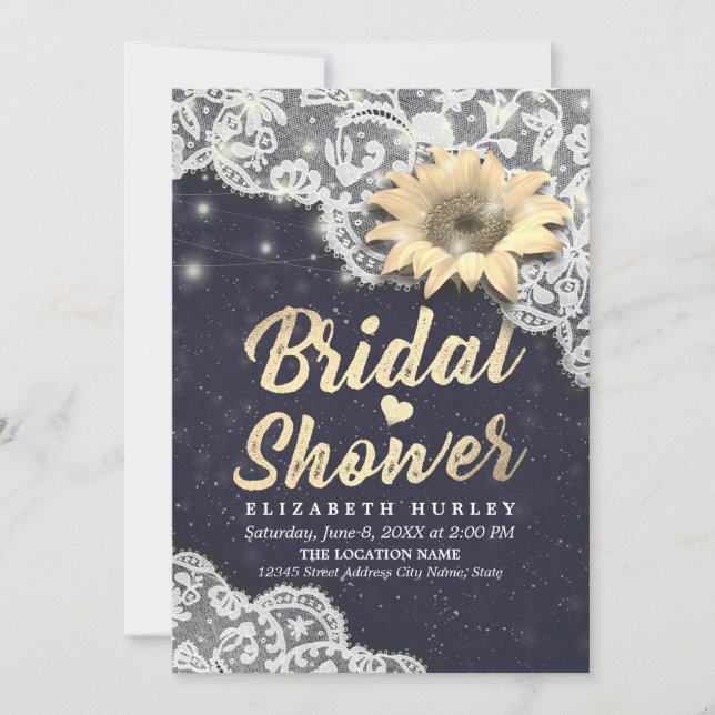 Invitación Elegante Bridal Shower Lace Sunflower String Luces (Anverso)