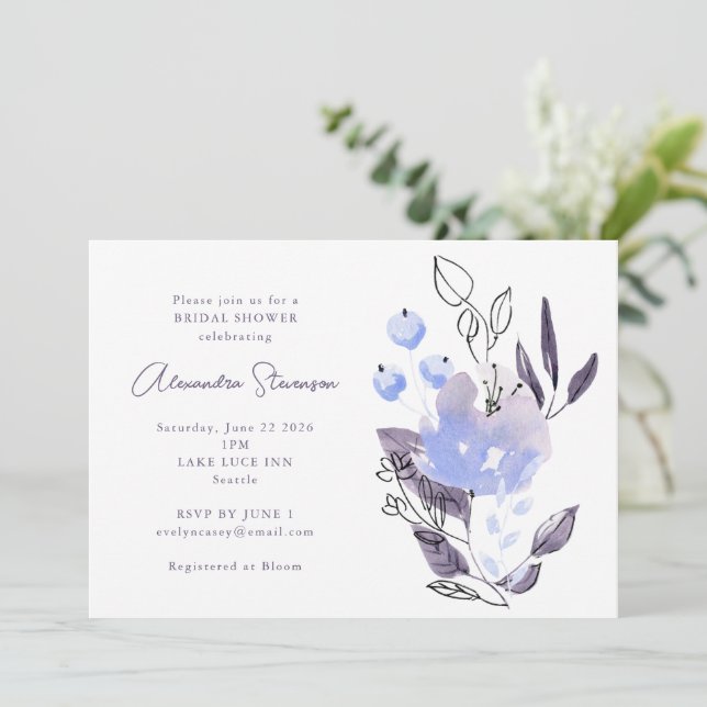 Invitación Elegante Bridal Shower Lilac Azul acuarela Floral (Anverso de pie)