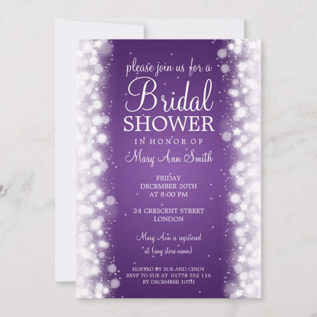 Invitación Elegante Bridal Shower Magic Sparkle Purple (Anverso)