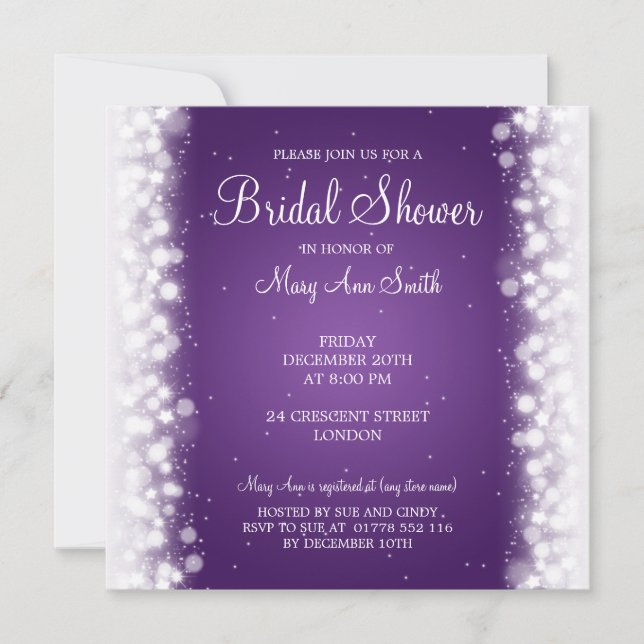 Invitación Elegante Bridal Shower Magic Sparkle Purple (Anverso)