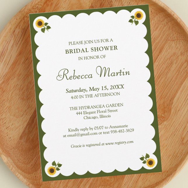Invitación Elegante Bridal Shower Olive Green Sunflower Simpl (Subido por el creador)